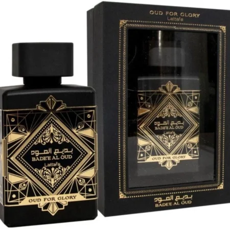 Parfum Badee Al Oud Oud for Glory de Lattafa, fragrance orientale avec flacon noir et doré