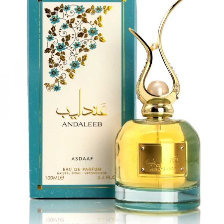 Parfum Andaleeb de Asdaaf, eau de parfum orientale avec flacon doré et boîte décorée