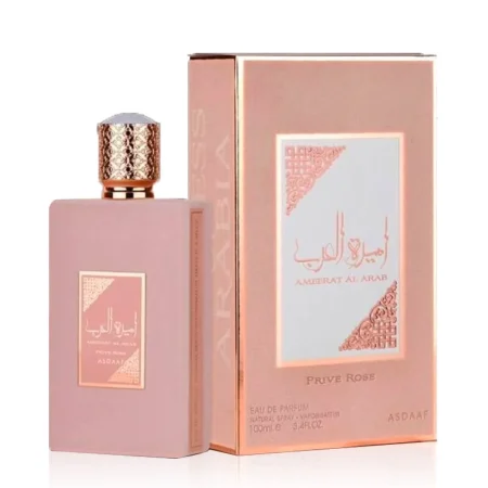 Parfum Ameerat Al Arab Prive Rose de Asdaaf, fragrance florale avec flacon rose et doré