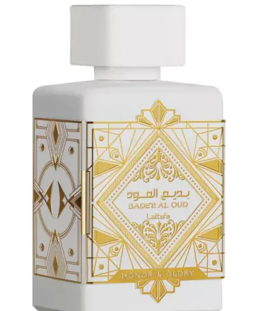 badee al oud honor glory 100ml avec un flacon blanc et or