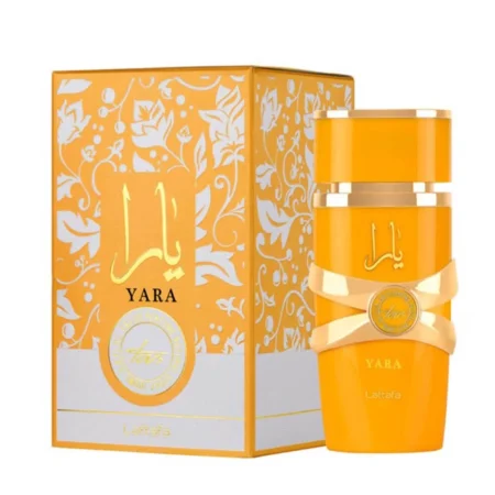 Parfum Yara Tous de Lattafa, eau de parfum aux notes fruitées avec flacon orange et doré