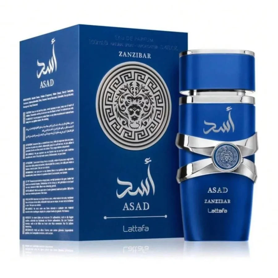 Parfum Asad Zanzibar de Lattafa, fragrance masculine avec flacon bleu et argenté