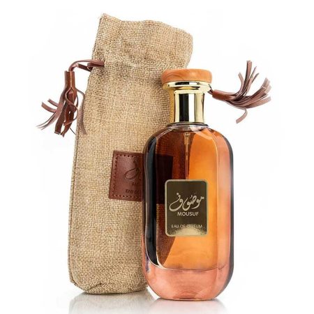 Parfum Mousuf, eau de parfum oriental avec flacon ambré et pochette en toile